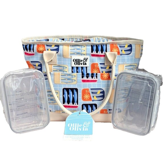 Ollie & Olivia Fish Design Insulated Lunch Box 2 Containers Cream Blue Gift NEW - Picture 1 of 10